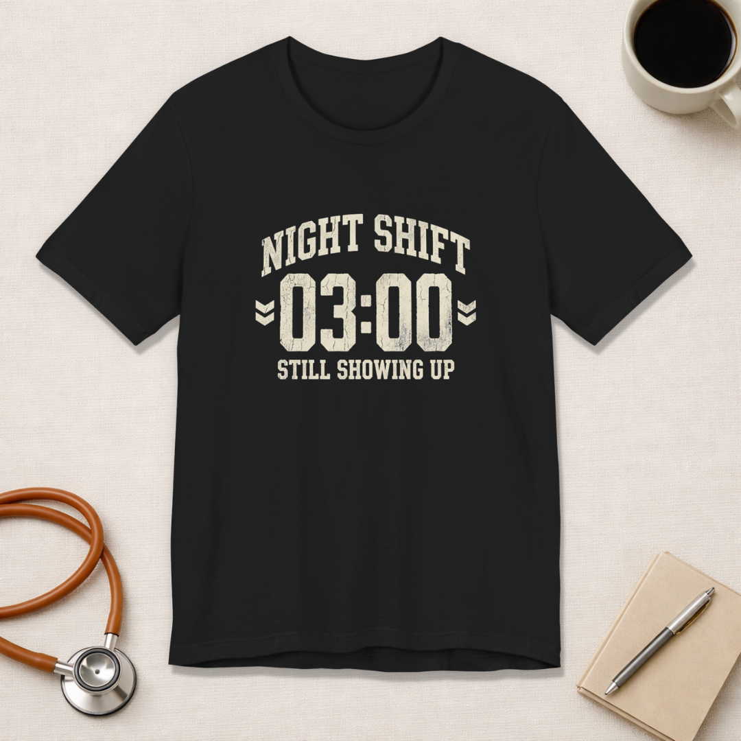 Night Shift 03:00 Still Showing Up | Varsity Nurse T-Shirt