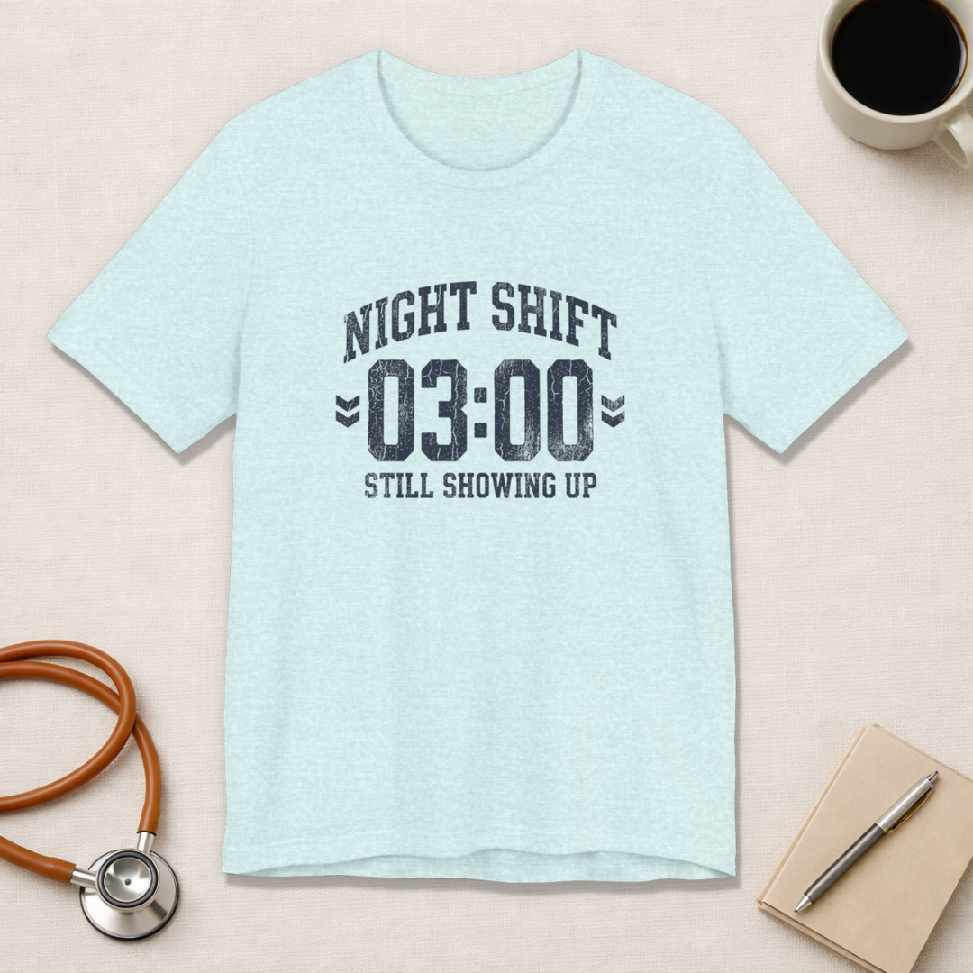 Night Shift 03:00 Still Showing Up | Varsity Nurse T-Shirt