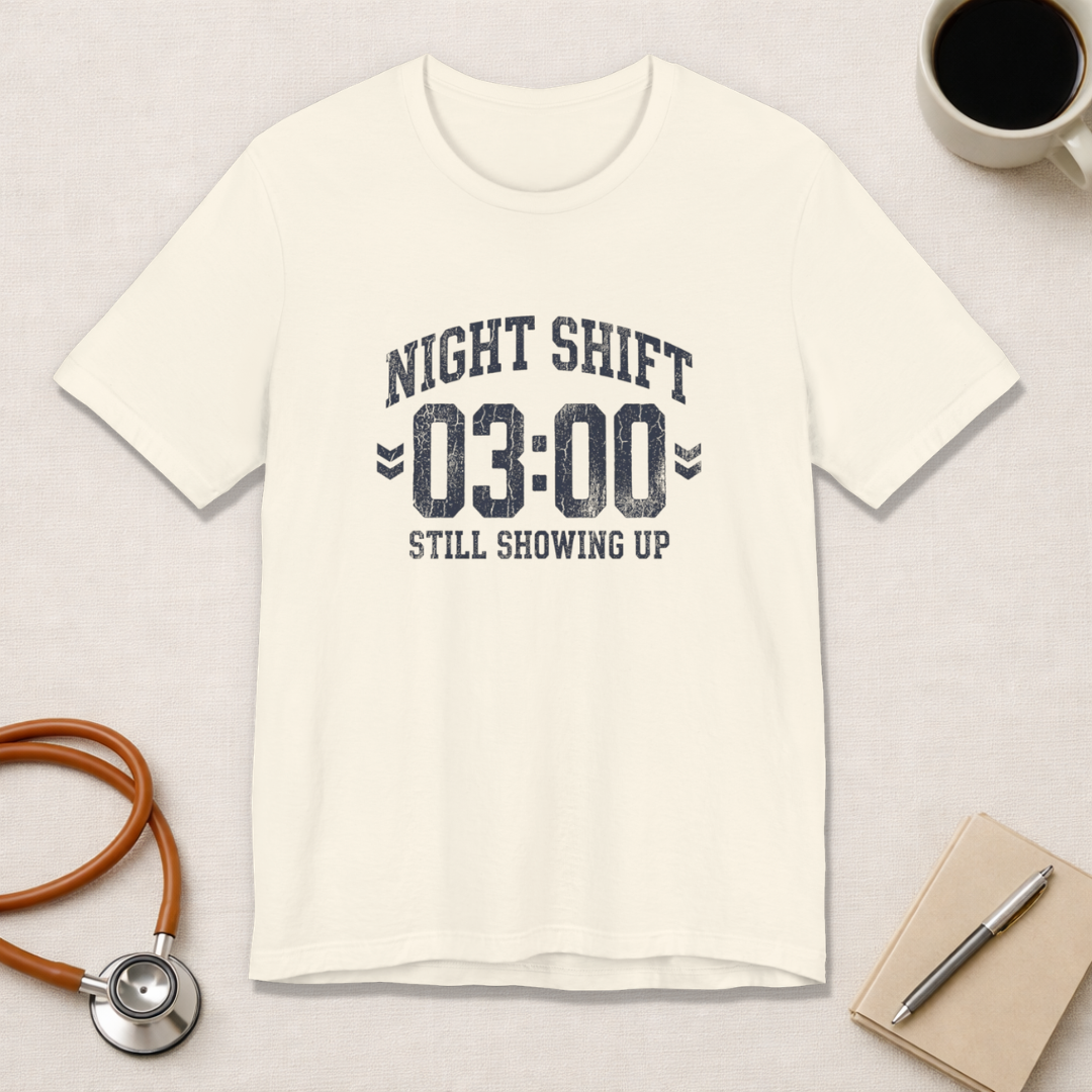 Night Shift 03:00 Still Showing Up | Varsity Nurse T-Shirt