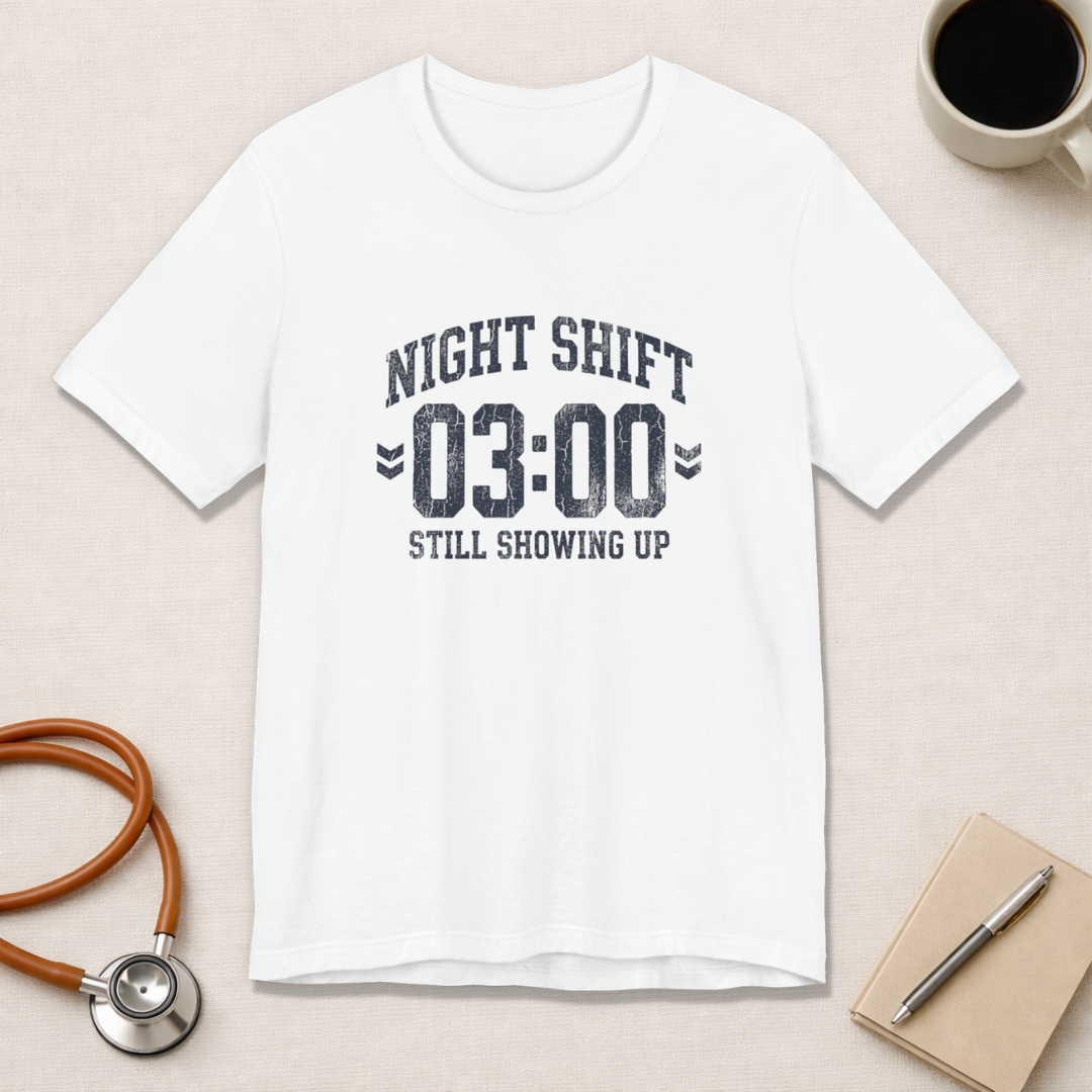 Night Shift 03:00 Still Showing Up | Varsity Nurse T-Shirt